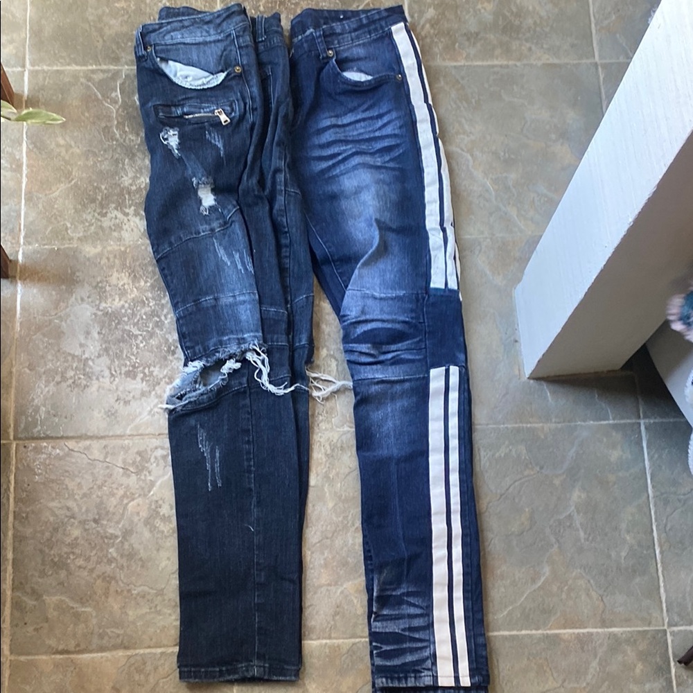 One pair of Blue Skinny Jeans with Distressed Look and one not distressed